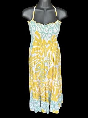 Vintage Manuhealii green tag dress tube halter rayon size Small